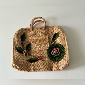 Vintage 60/70 Large Straw Aruba Market Tote, Embroidered Straw Tote Bag,